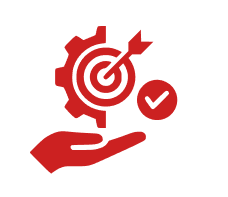 Red icon showing a hand holding a gear with a target and checkmark.