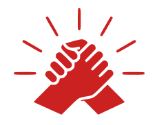 Two red hands clasped in a strong handshake with rays emanating.