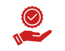 Red hand holding a badge with a checkmark symbol.
