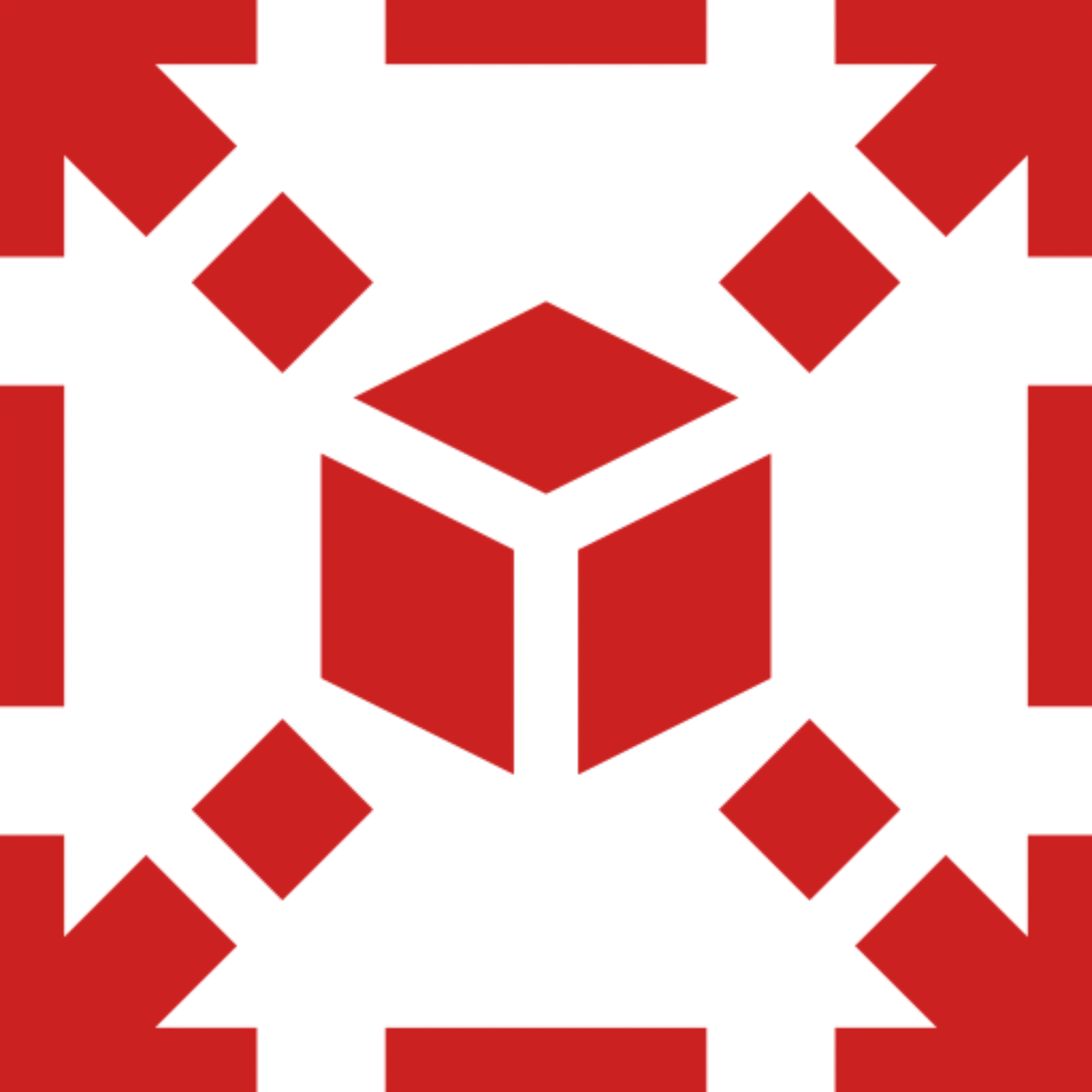 Red cube with black geometric shapes on a red background.
