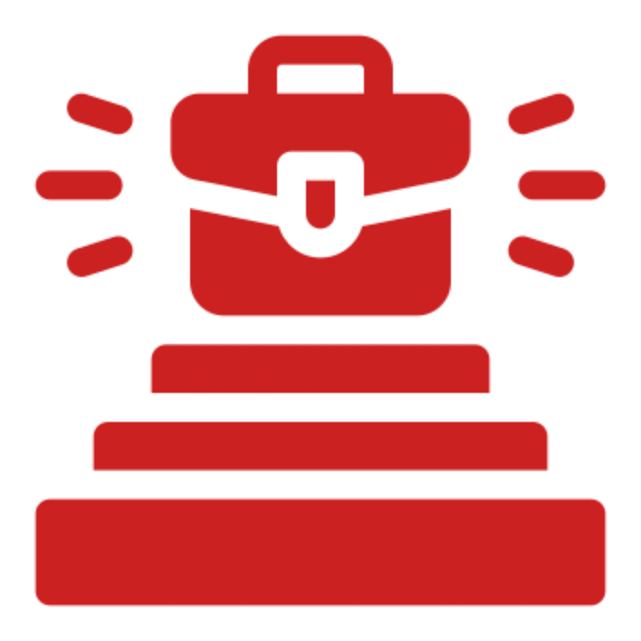 Red icon of a briefcase with rays emanating from it.