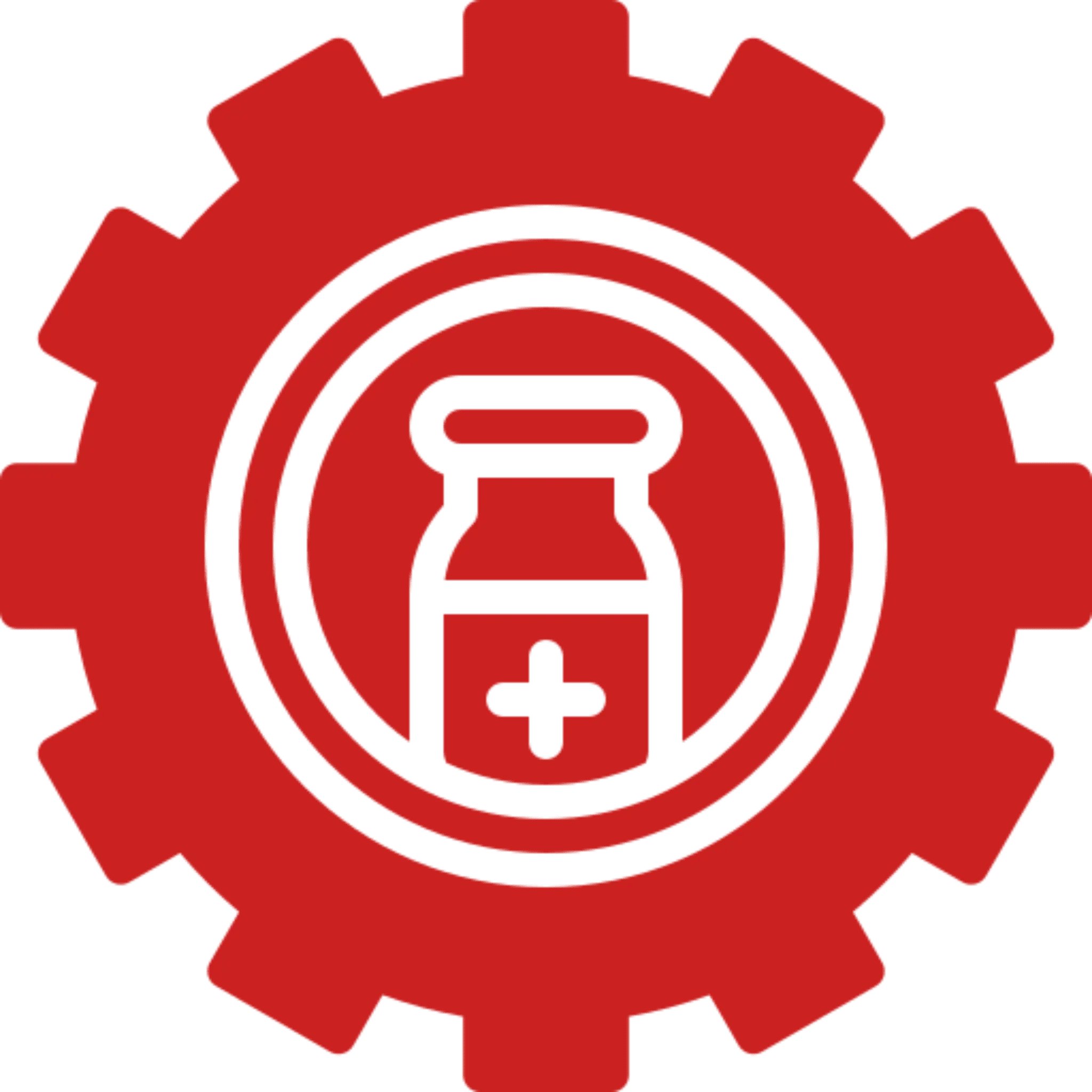 Red gear icon with a central jar image inside.