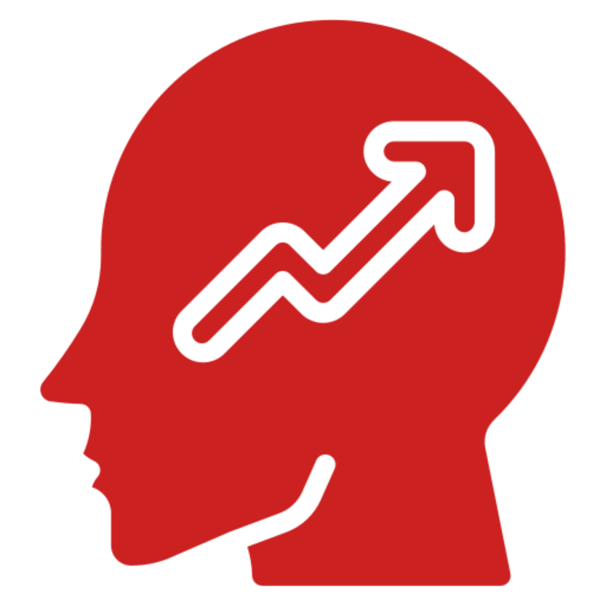 Red silhouette of a head with an upward trending arrow inside.