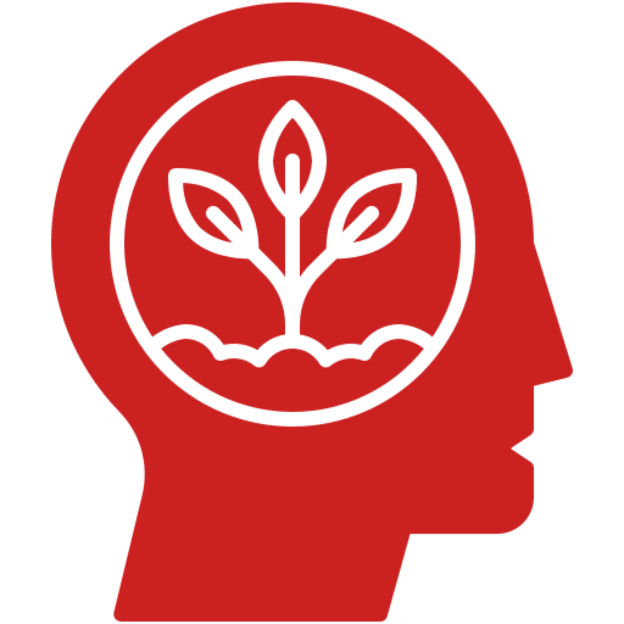 Silhouette of a human head in red with brain network nodes.