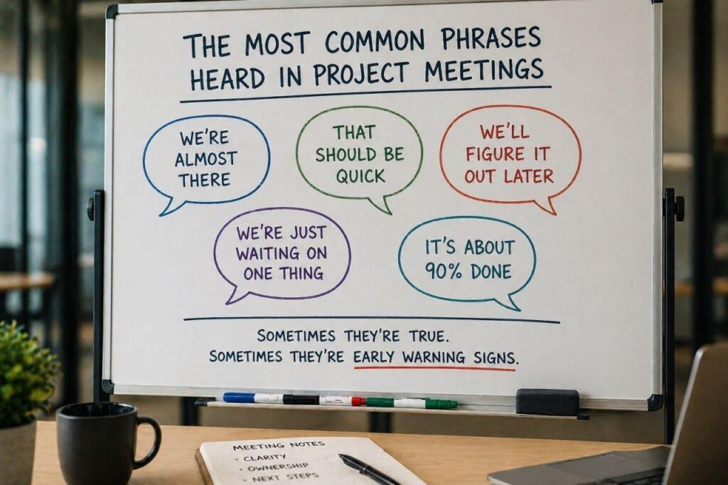 Whiteboard listing common project meeting phrases