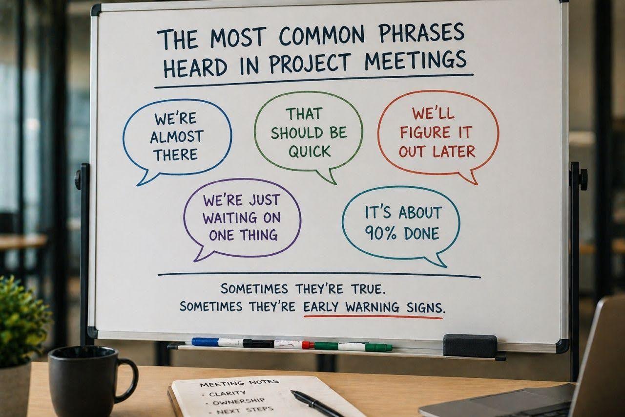 Whiteboard listing common project meeting phrases