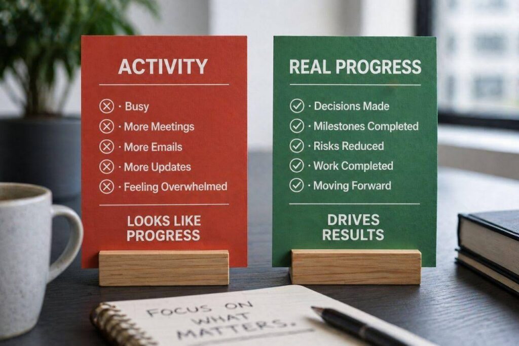 Red "Activity" and green "Real Progress" cards