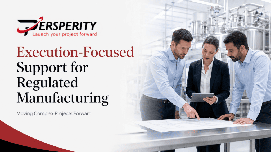 Three professionals reviewing manufacturing blueprints