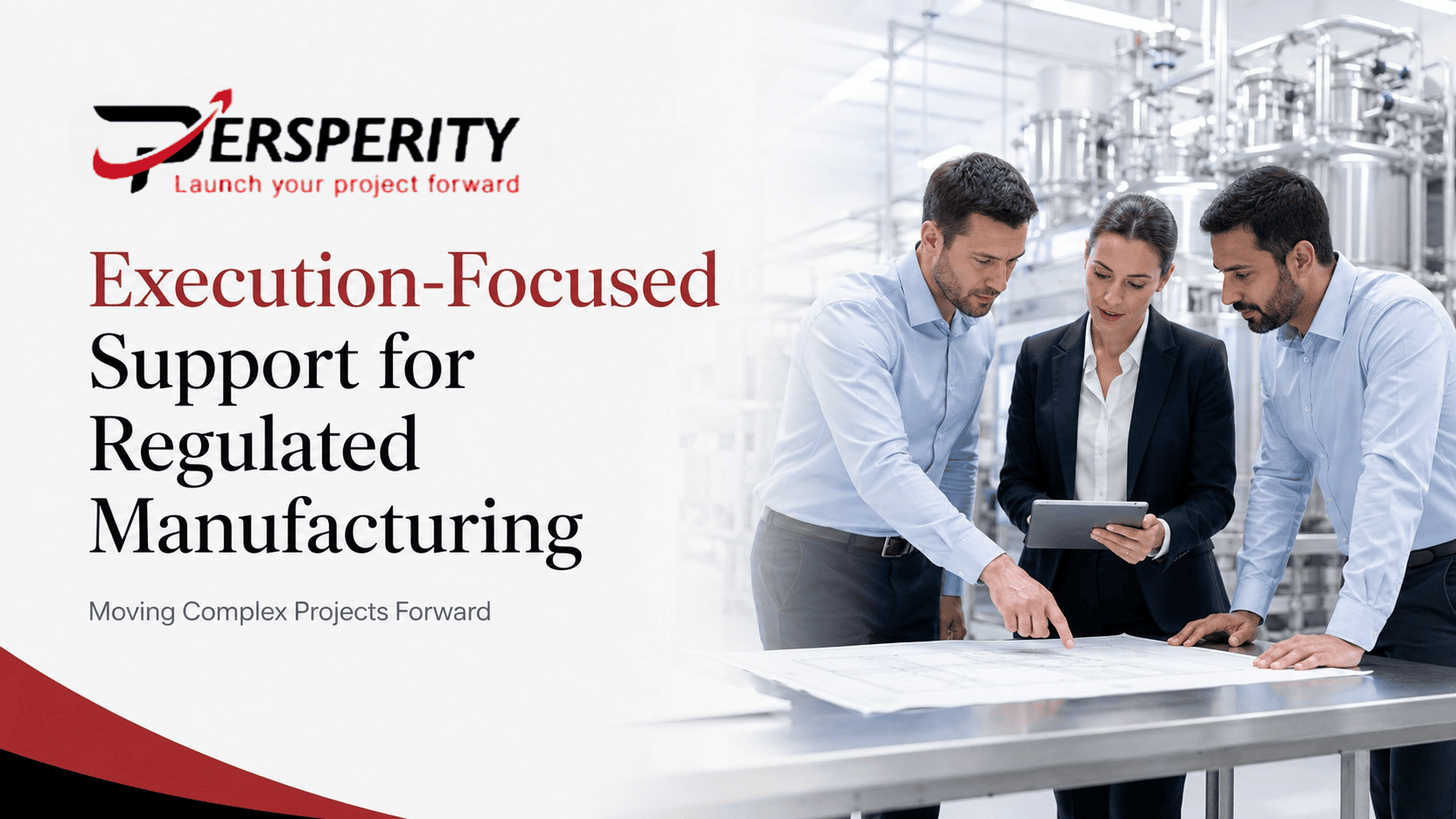 Three professionals reviewing manufacturing blueprints
